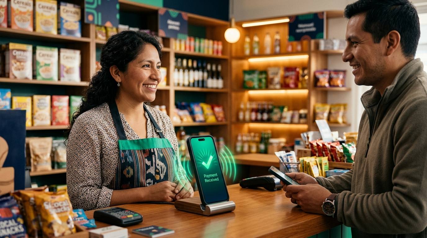 Dueña de bodega recibiendo un Yape anunciado por voz en su celular